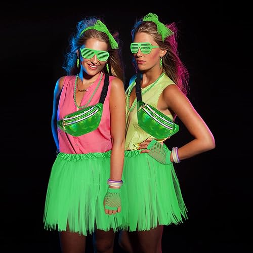 Miniatura 7 de SOMSOC Juego de accesorios de Halloween para disfraz de los años 80 de 18 piezas, incluye tutú, diadema, collar, guantes, anteojos, calentadores