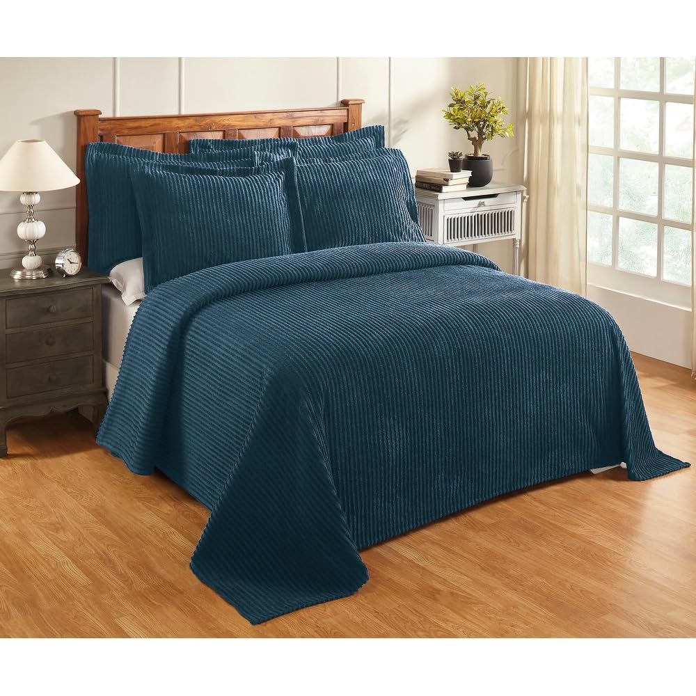 2 Piece Elegant 100% Cotton Tufted Chenille Bedspread Twin Size Heirloom Quality in Stripe Design | All Seasons Teal Blue Green Color Western Bedding Aesthetic Look Soft Plush Cozy Feel