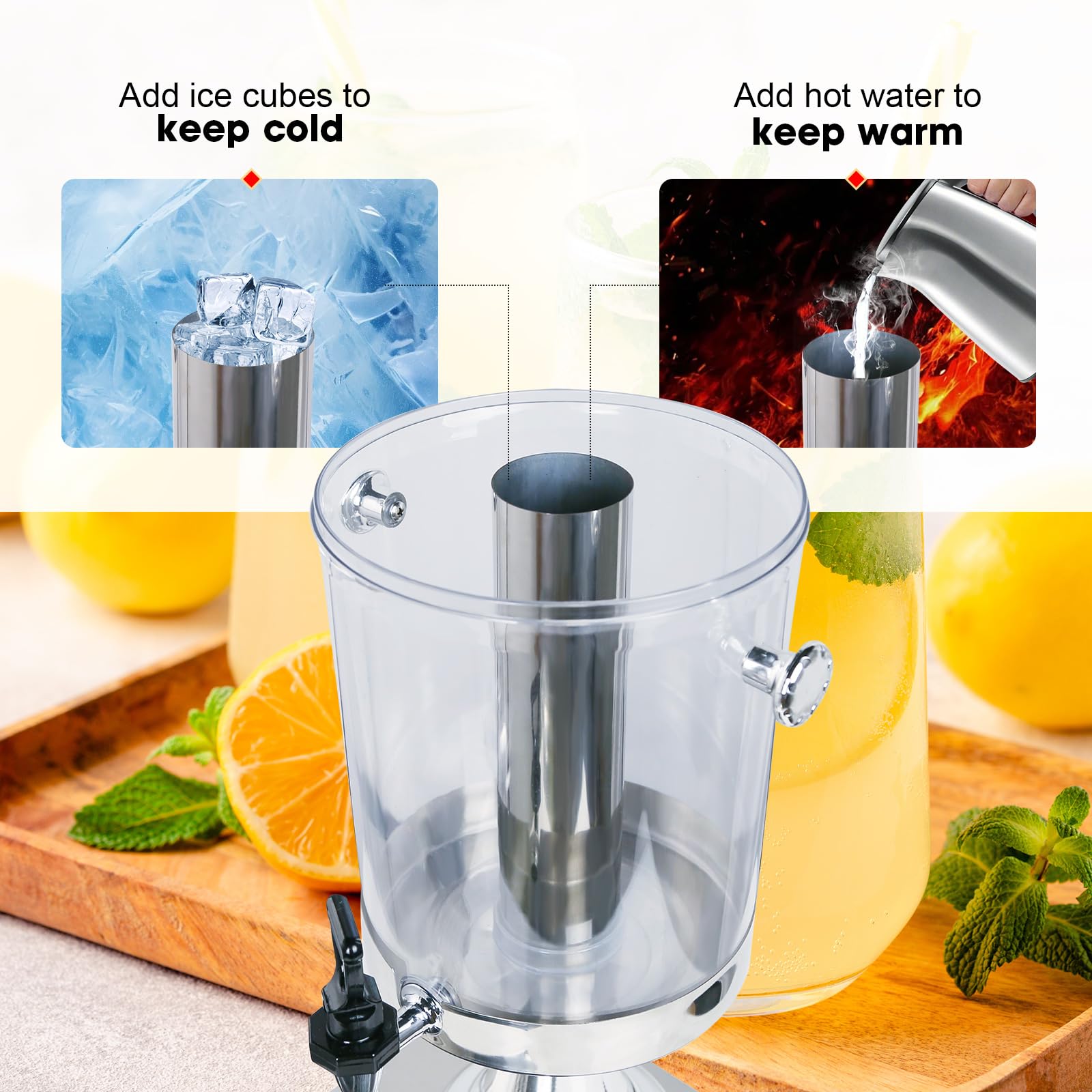 Distributore di succo 2 x 8 L dispenser per bevande con rubinetto e camera di ghiaccio, distributore di bevande commerciali per bevande calde/fredde per tè, limonata, caffè, cocktail