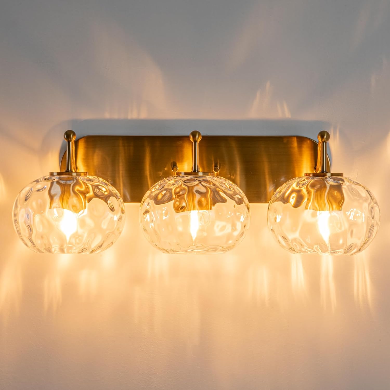 23" Gold Vanity Light Clear Hammered Glass Wall Sconce 3-Light Brushed Brass Wall Lamp for Hallway Living Room Stairwell Bathroom Over Mirror