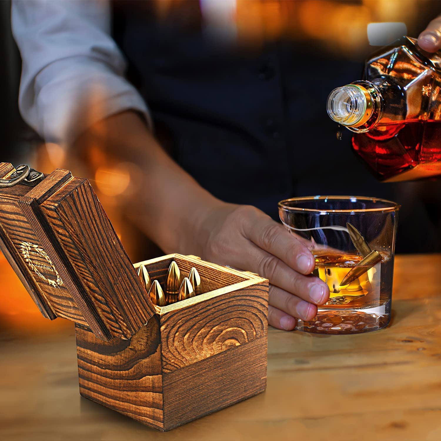Set Regalo Whisky: 2 Bicchieri Da 283g Con Porta Sigaro, 6 Pietre Refrigeranti, Tagliasigari - In Cofanetto Legno - Regalo Uomo