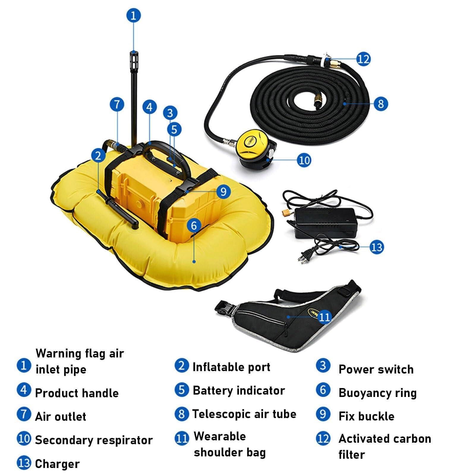 WYWY Sistema de buceo recargable de 3/5.5 horas con manguera de 10 m y regulador de respiración de buceo, máquina de buceo desmontable, para buceo recreativo y pesca (amarillo, D3000)