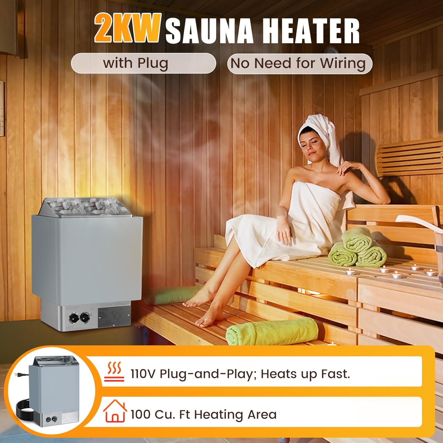 Drizzlen 2kW 110V Sauna Heater with Plug - Electric Sauna Heater, Plug and Play, Heats 100 cu. ft. in 30 Minutes