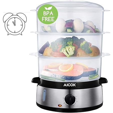 Aicok Food Steamer for Cooking, 9.5 Quart Electric Steamer with 3 Tier Stackable Baskets and Auto Shutoff, 800W Fast Heating Electric Steamer including Egg Holder and Rice Tray, Stainless Steel Base