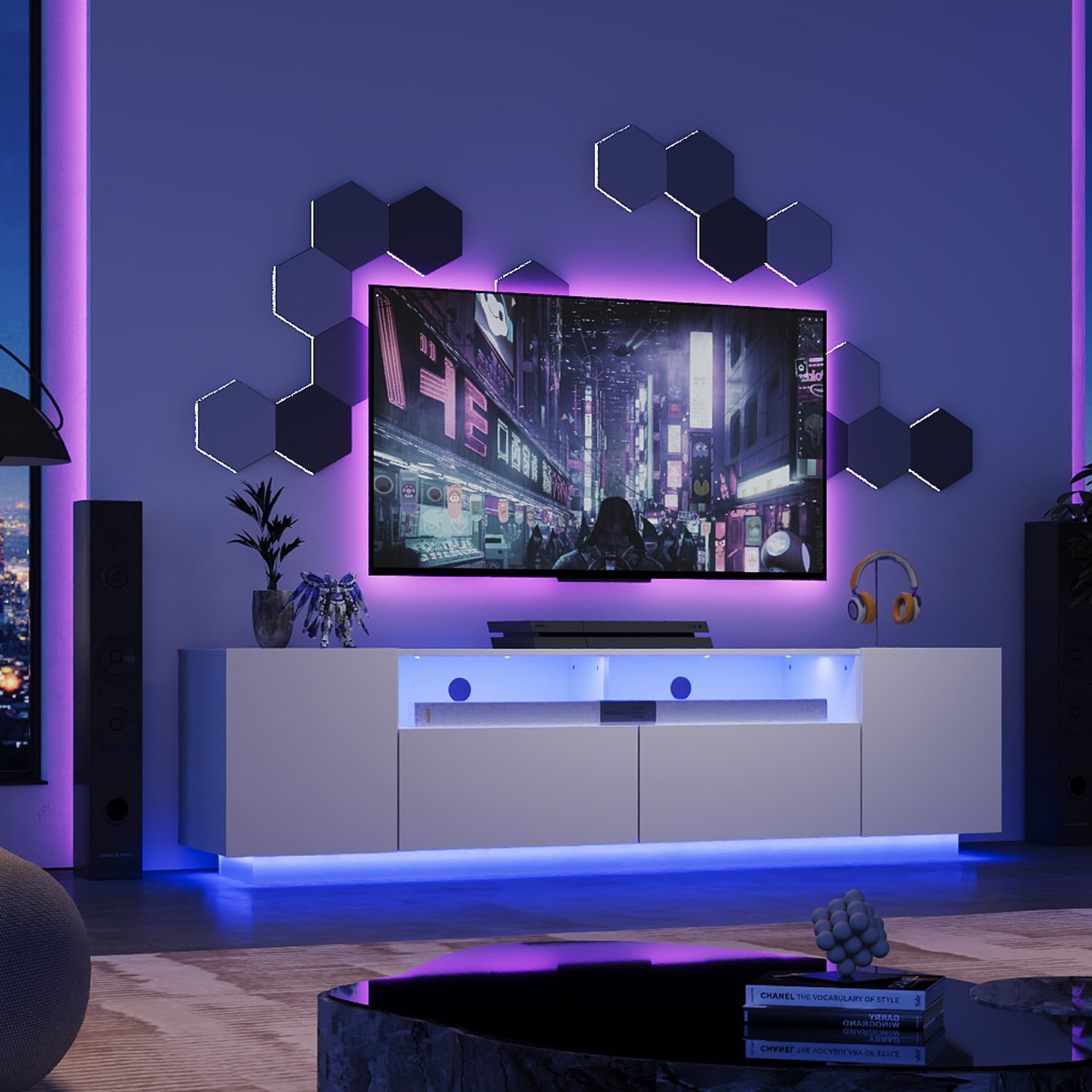WLIVE Mueble de TV LED para televisores de hasta 75 Pulgadas, con Gran Espacio de Almacenamiento, Mesa de TV con iluminación LED RGB, para Sala de Estar, Dormitorio, Blanco