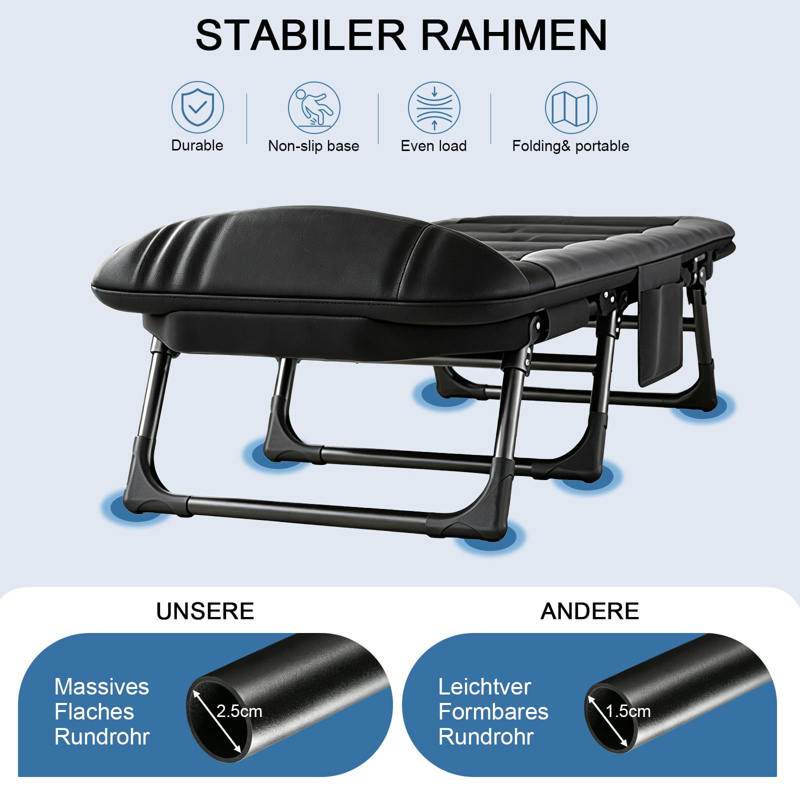 Lit de Camping Pliable XXL, Lit de Camp Pliant avec 6 Dossiers Réglables, Chaise Longue Pliable, Matelas et Poche Latérale Inclus, pour Intérieur, Extérieur, Jardin, Pêche(Gris)