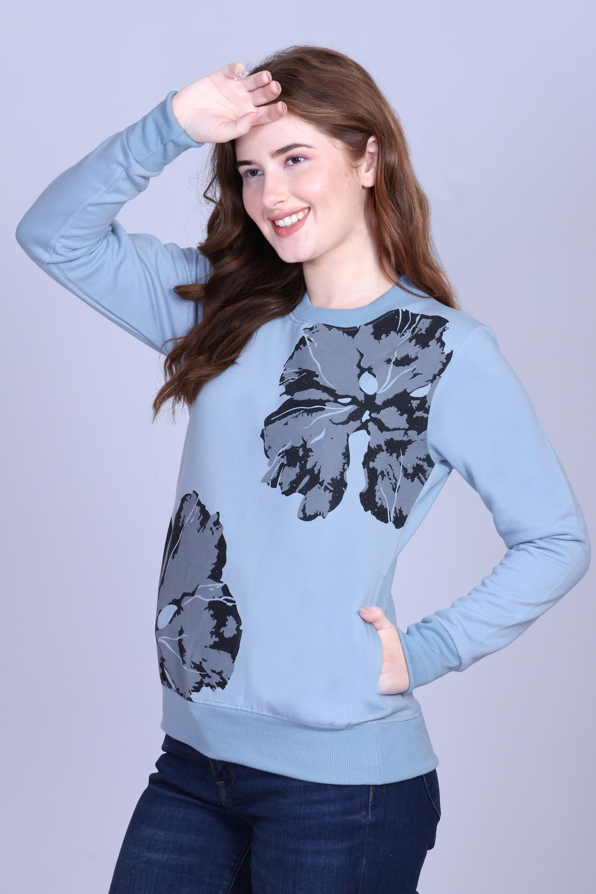 DG Divine Girl Women’s Printed Round Neck Sweatshirt | Winter Wear Fleece Cotton Fabric | Full Sleeves Casual Pullover for Girls & Women (in, Alpha, 2XL, Regular, Standard, 2 Flower Grey) - Image 4 thumbnail