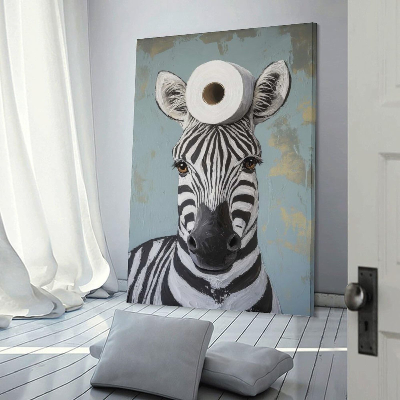 Junmoney Frame-Style-5 Zebra With Toilet Paper Home Decor Wall Art 24X36inch(60X90cm), For Bedroom, Guest Room Or Reading Nook, Decorative Wall Art For Cosy Rooms