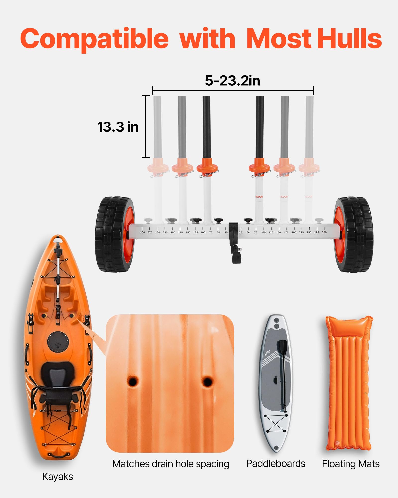 VEVOR Remolque Vertical para Kayak, Remolque de Kayak 900 x 580 x 575 mm con Neumáticos de PU de 25,4 cm y Correa de Amarre, Carga de 104 kg, Carrito para Tabla de Surf de Remo, Kayaks, Canoas