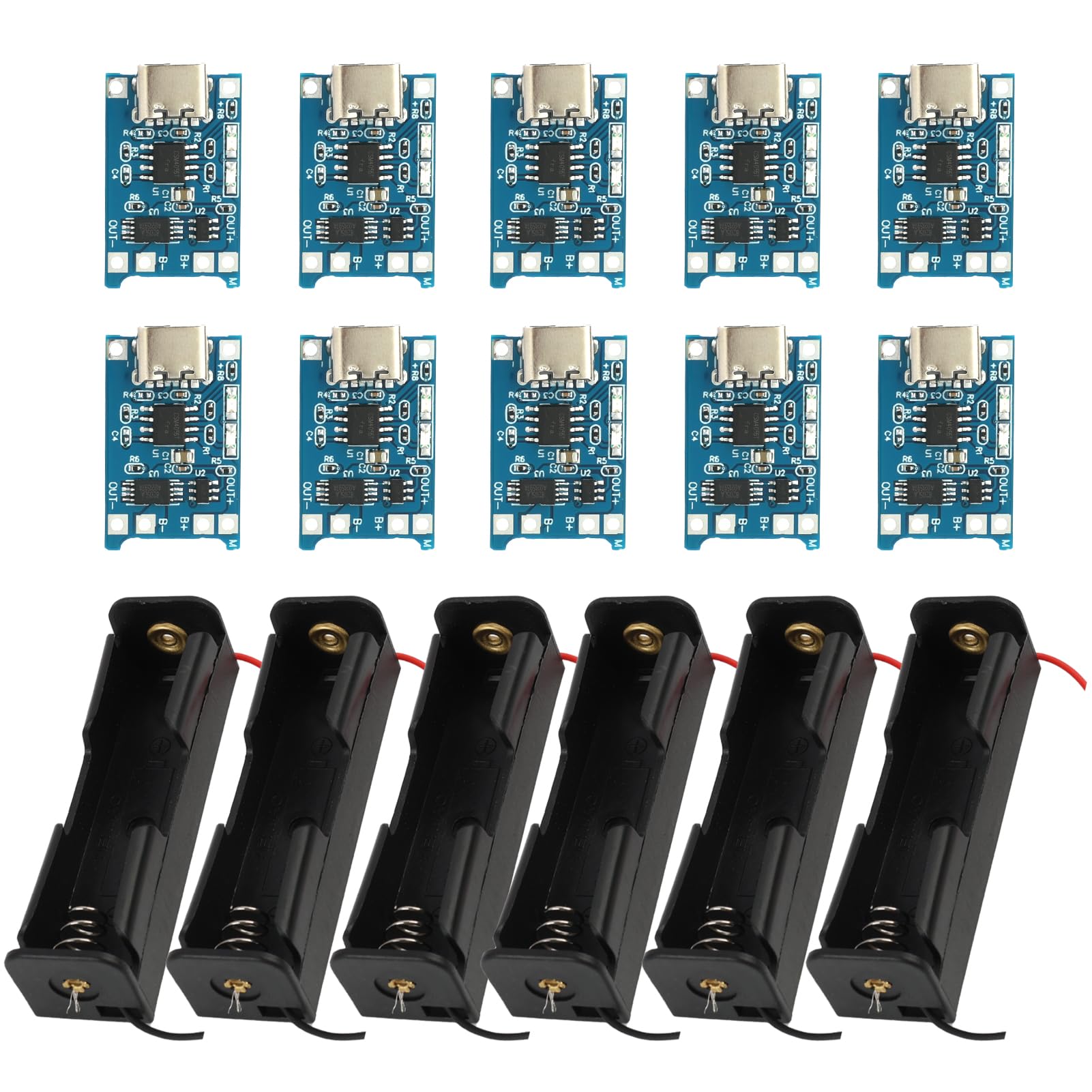 USB Type-C 5V Modulo di Ricarica Protezione Doppia, 6 Supporti per Batteria 3.7V Collegamenti a Filo, 10 Pezzi Pannello di Ricarica