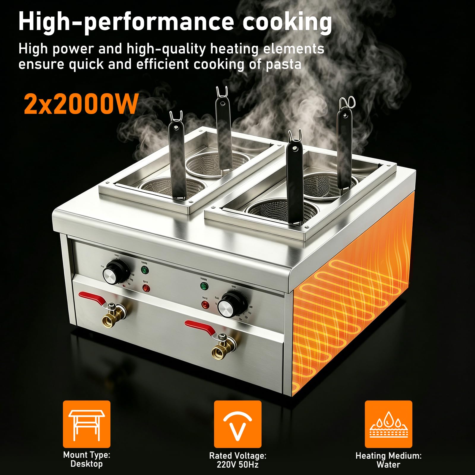 Cuocipasta elettrico a 4 cestini, 2 x 2000 W, in acciaio inox, 2 cuocipasta da 9 l, intervallo di temperatura 30-110 °C, pentola per pasta con 4 cestini per pasta e 2 coperchi, per cucine, ristoranti