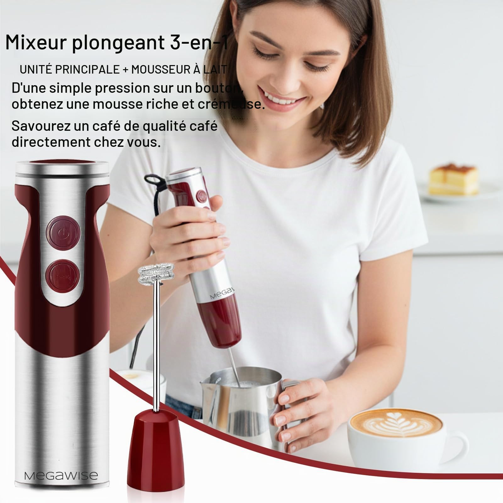 Megawise Pro Titanium Enhanced 3 - en - 1 immersion cordon mélangeur à main puissant moteur avec 80% de lames tranchantes 12 vitesses cordon mélangeur y compris Whisky & MILK CREAM (3 - en - 1 rouge)