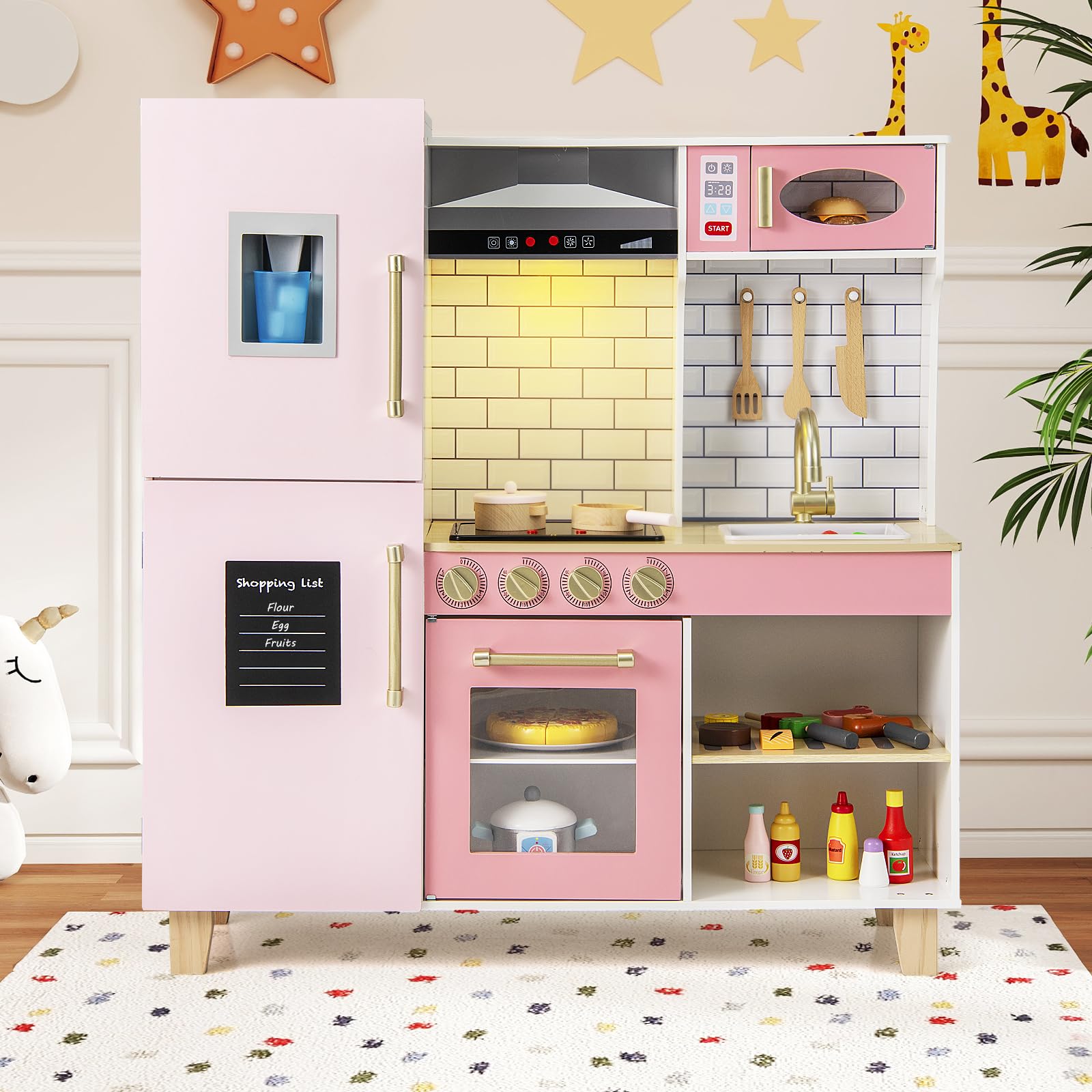 HOMASIS Cucina Giocattolo per Bambini in Legno, Cucina Bambina con Macchina per Fare Gelati, Set da Cucinetta con Luci e Suoni per Bambini dai 3+ Anni, 92x30x98cm (Rosa)