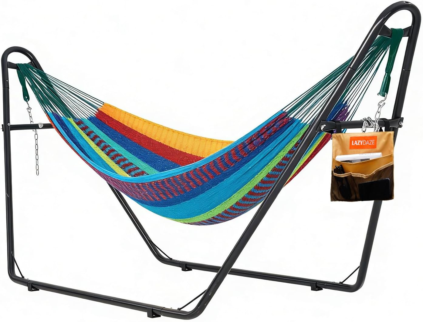 Lazy Daze Hammocks Handwoven Mayan Hammock with Heavy Duty Steel Stand, 10.5 FT Soft Rope Double Hammock for Patio Outside, 550 lbs Weight Capacity, Multi Color