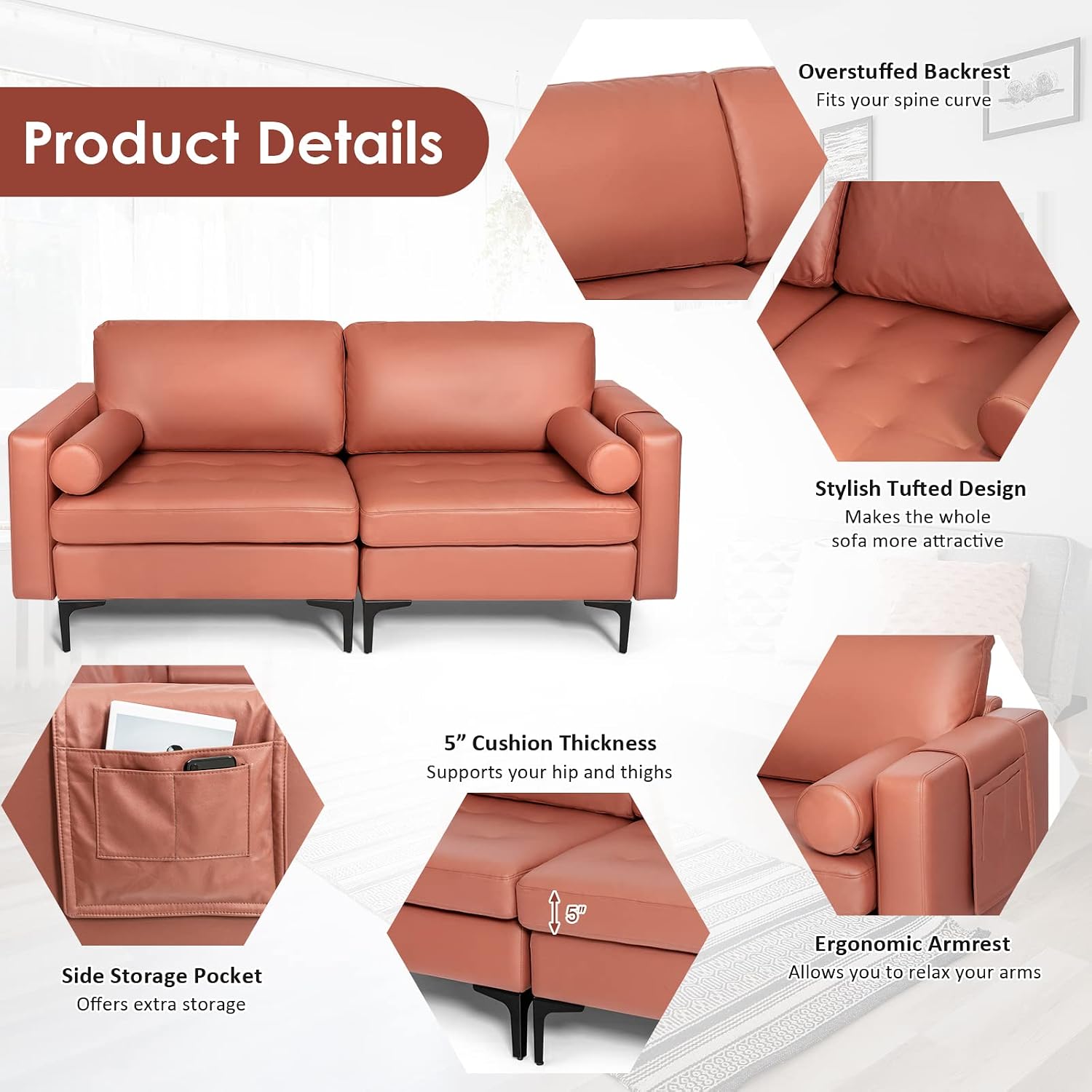 Giantex 68" Modern Loveseat, 2-Seater Sofa Couch, Thick Cushion & 2 Bolsters, Armrest Magazine Cabby with 2 Pockets, Metal Legs, Ideal for Living Room Reception Room Office