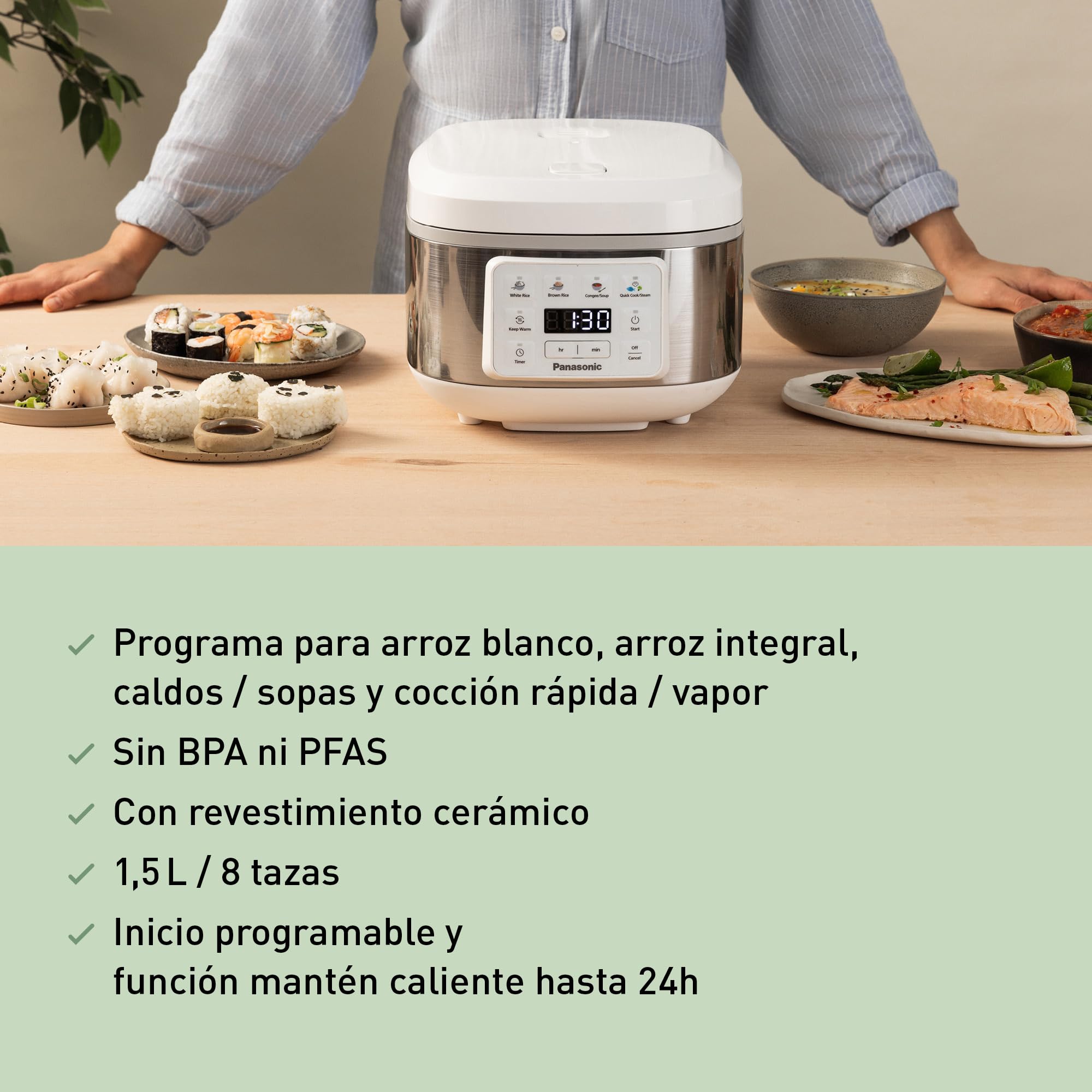 Panasonic SR-DA152WXE Olla Arrocera Automática con Vaporera, 1,5 litros, 8 tazas, Fuzzy Logic, Indicador De Cantidad De Agua, Sin BPA, Mantiene Caliente, Inicio Diferido, Blanco