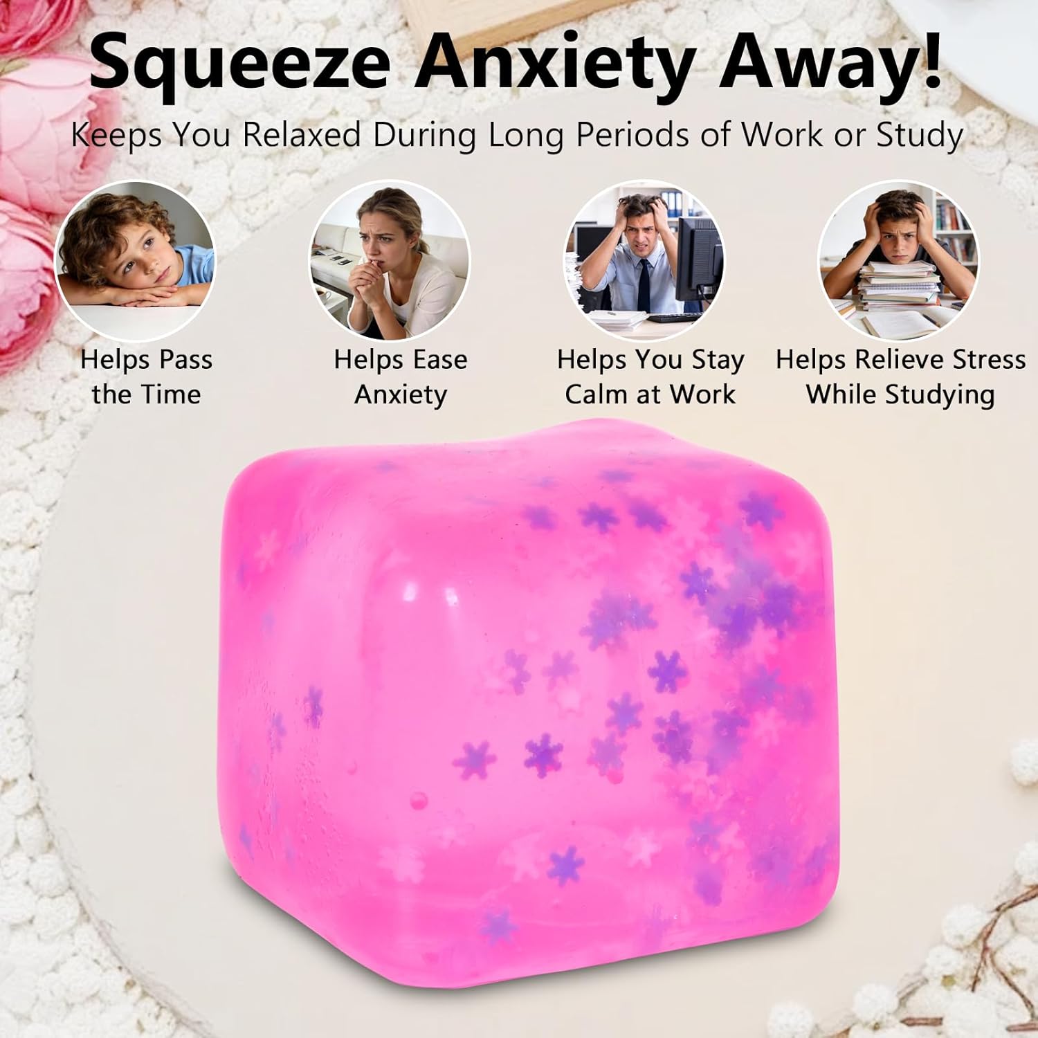 Squishy Ice Cube Fidget Toy, Sugar Ball Stress Cube for Kids Adults, Soft Squishies Stress Relief Sensory Toy for Autism, Classroom Prize Toy Party Favor