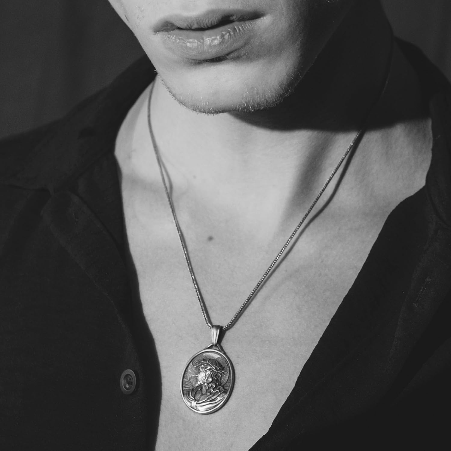 BySilverStone - Jesus with Crown of Thorns Necklace in Silver, Mens Religion Inspired Pendant Gift