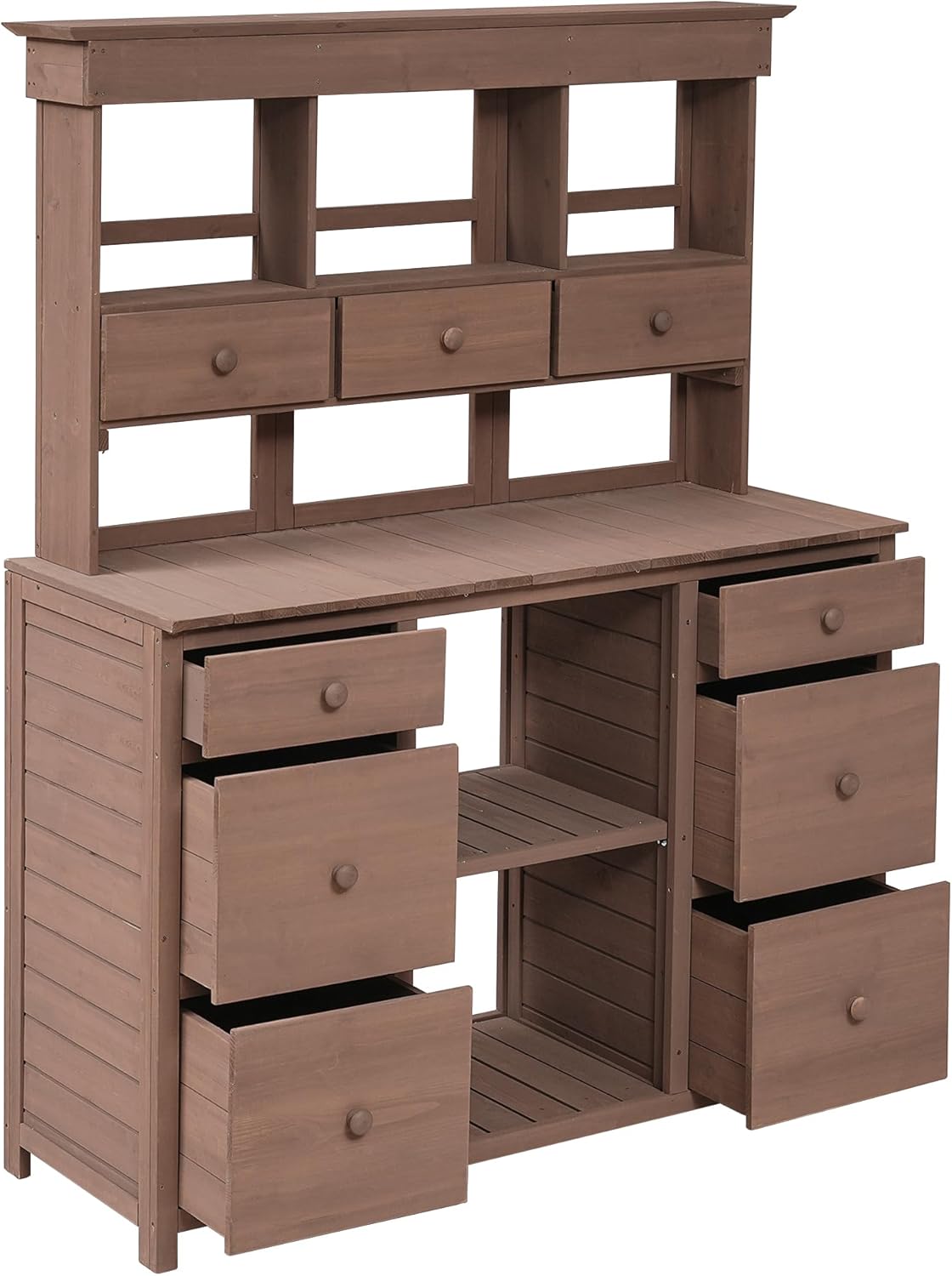 Rustic Design Garden Potting Bench Table with 3 Tiers Shelf and Ample Drawers, Large Gardening Workstation with Fir Wood Frame for Outdoor Space