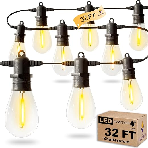 fizzytech Outdoor String Lights | 10 Meter 20 LED Bulbs E26 Base | Outdoor String Lights Waterproof | Big Bulb String Ligh...