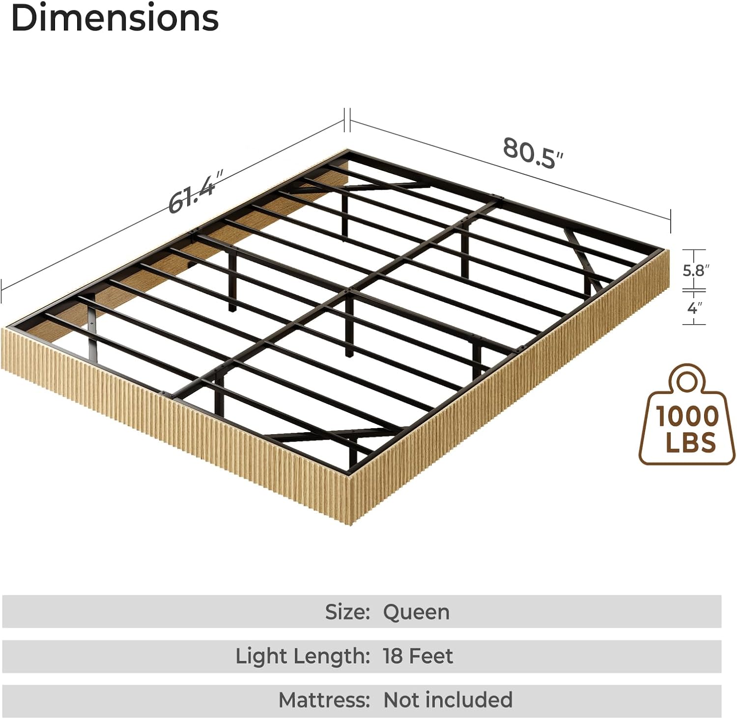 Dimensions diagram for Tatub Queen Floating Bed Frame