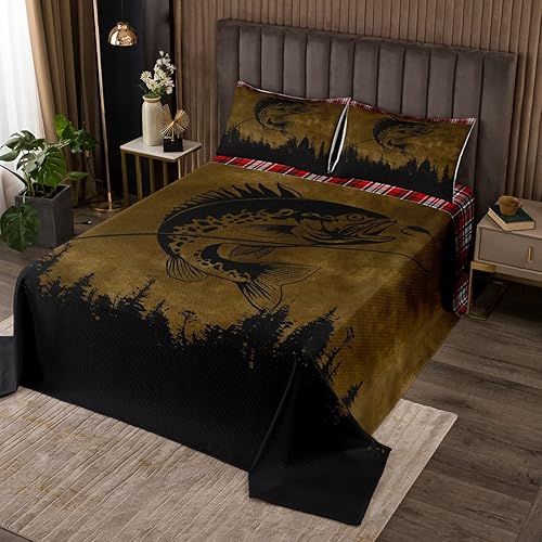 Erosebridal Bass Fish - Juego de edredón de pesca marrón, ropa de cama rústica de granja, estilo vintage, estilo grunge, teñido anudado, diseño