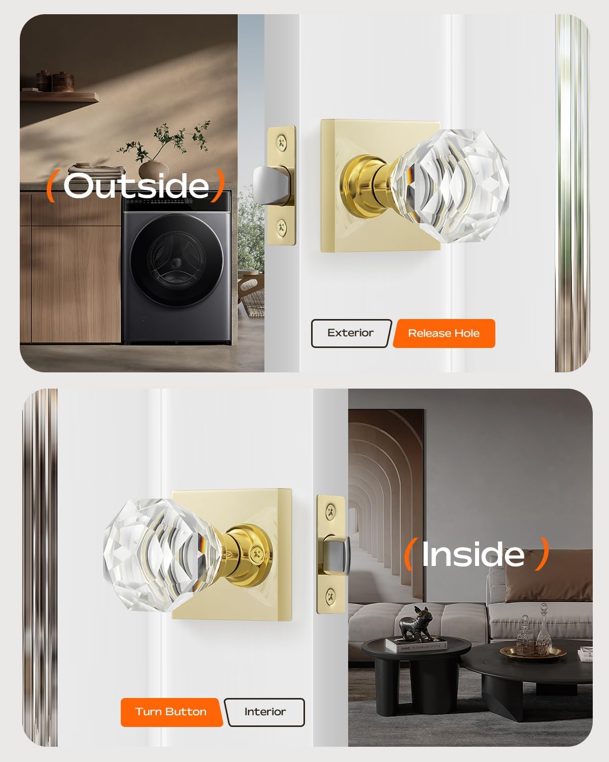 Leydebong 1 Pack Nonlocking Passage Door Knobs, Interior Gold Door Handles, Clear Crystal Glass Door Levers Interior, Modern Gold Door Knob
