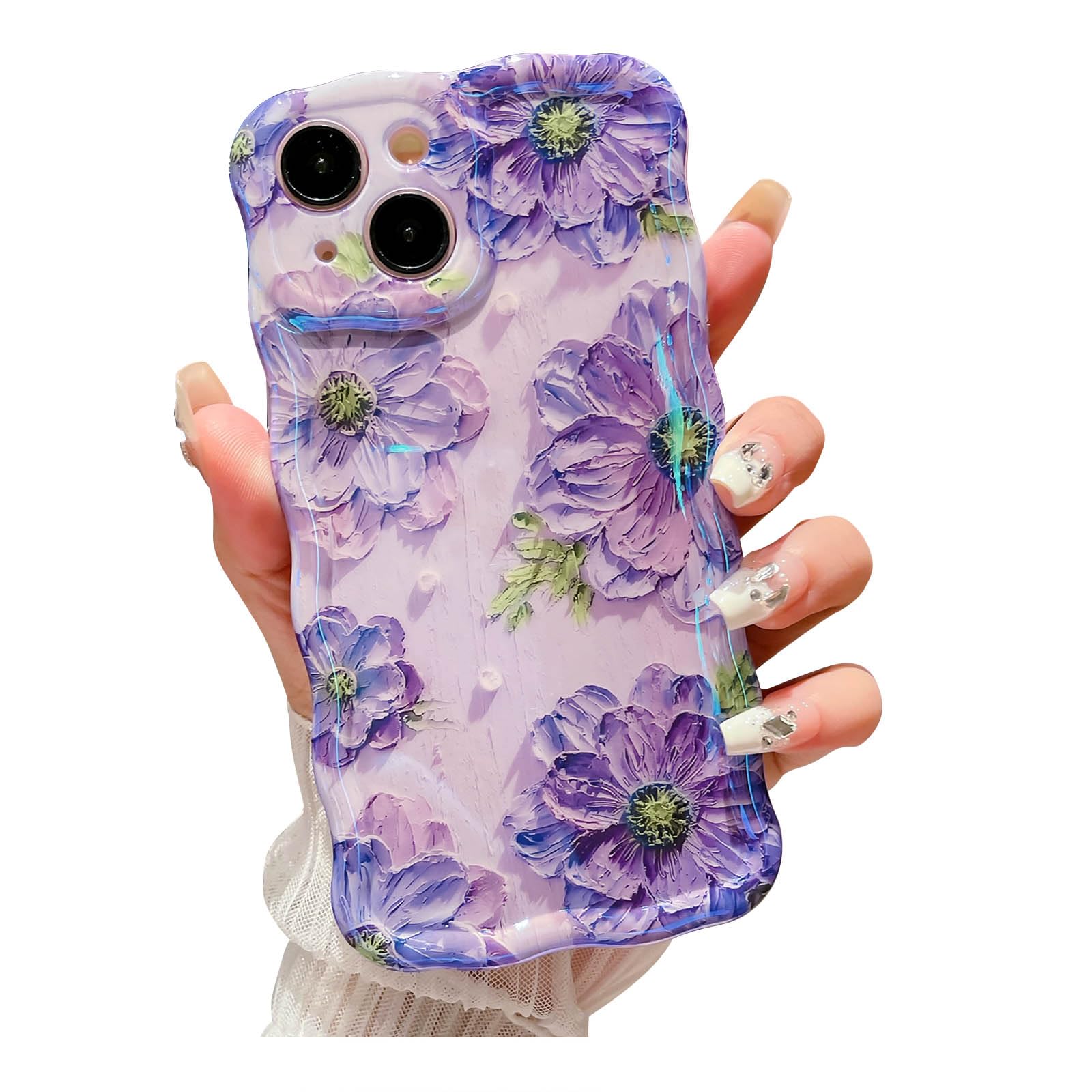 SPOBIT for iPhone 15 Case, Colorful Retro Oil Painting Flower Cute Curly Wave Border Floral Case for Women Girls, Camera Protection Soft Shockproof