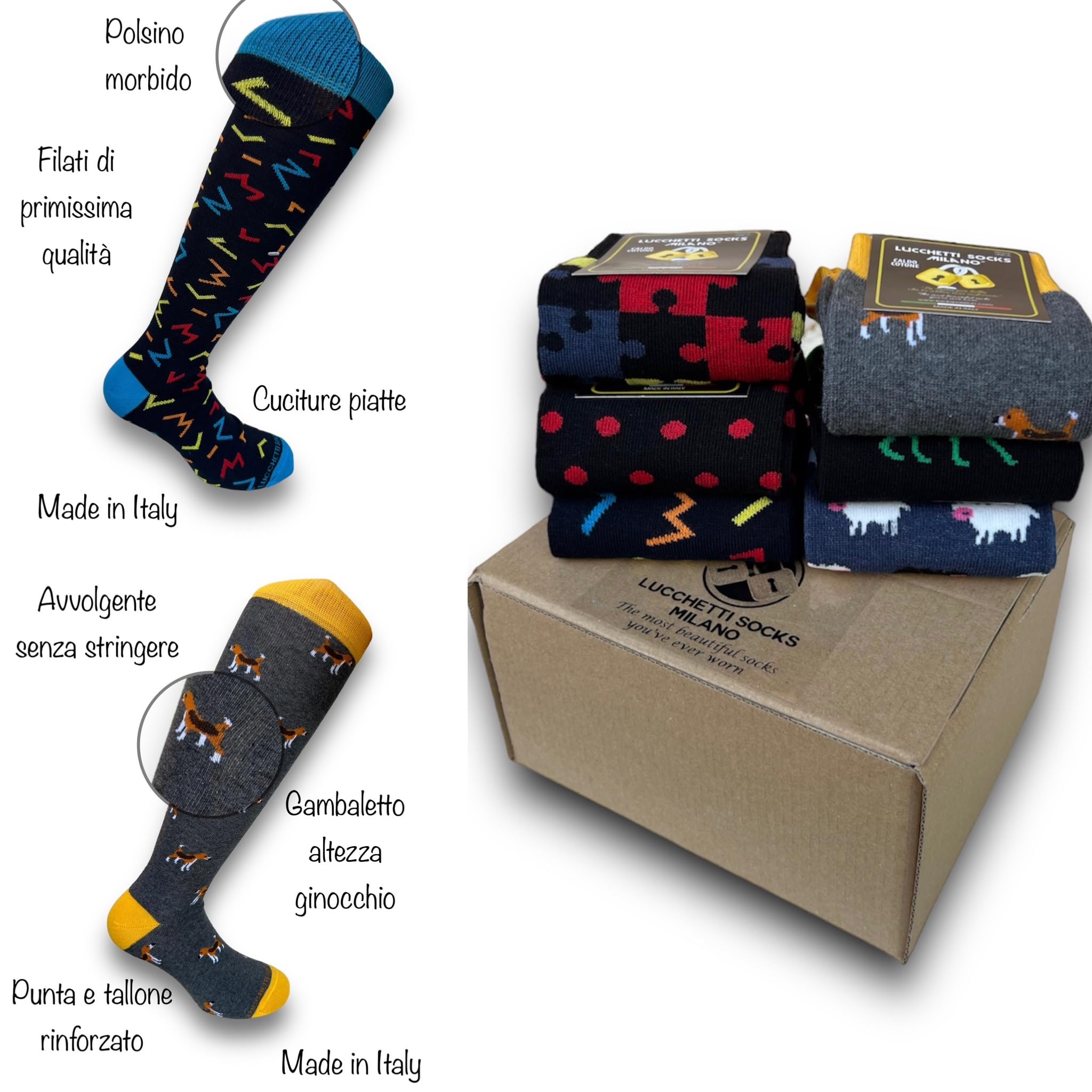 Lucchetti Socks Milano Set mit 6 Paar Herren-Socken, lang, warm, aus Baumwolle, bunt, gepunktet, Muster Fashion, hergestellt in Italien