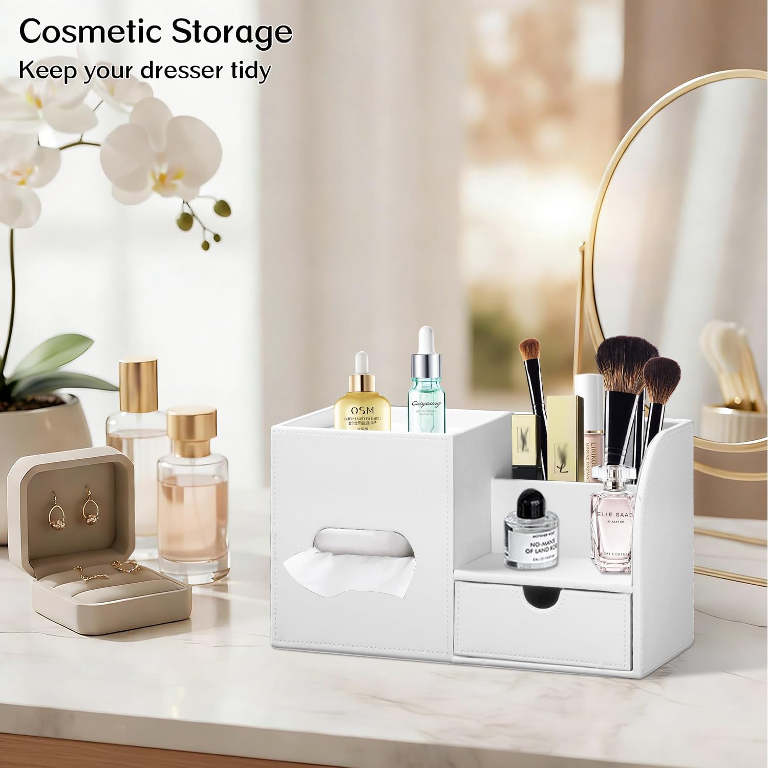 Square Tissue Box Cover with Tray and Organizer,Multi-Functional Decor Cube Tissue Box Holder,Tissue and Remote Control Holder,for Vanity,Nightstand,Bathroom,Home,Office