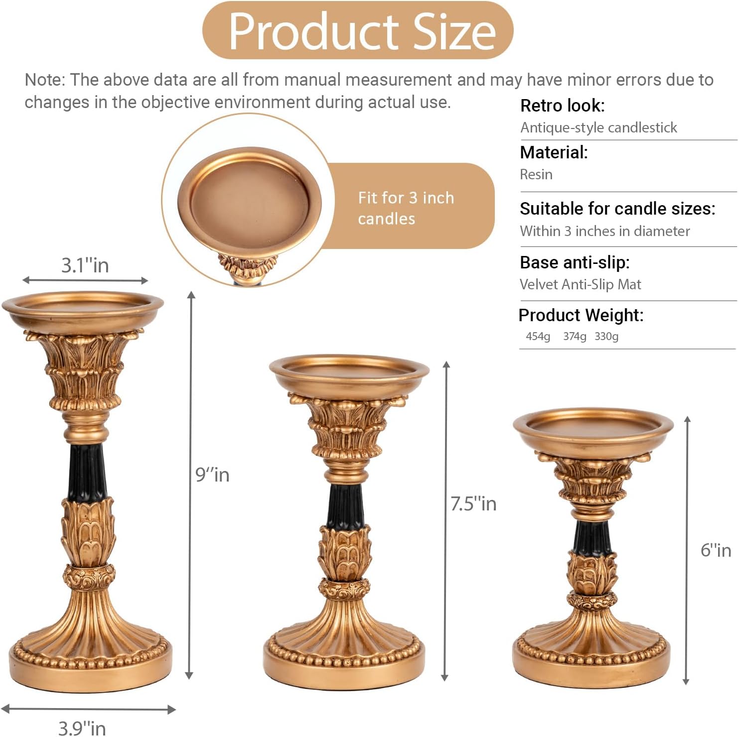 Resin Pillar Candle Holders Set of 3 – an Antique Gold Frame with Engraved Decorations (9", 7.5", 6") with 3.1" Tray & Velvet Anti-Slip Base for Table Centerpiece and Fireplace Mantel Decor