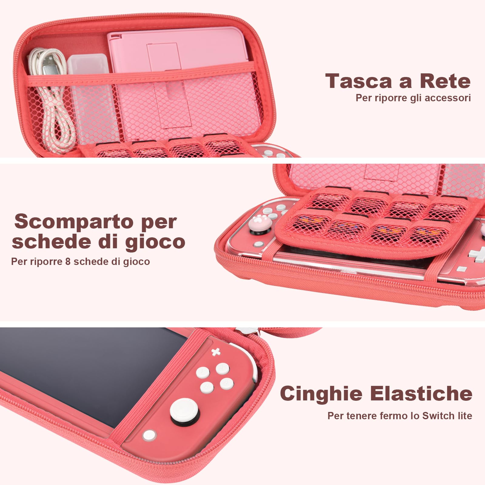 Younik Custodia Switch Lite, Bundle di Accessori Switch Lite 14 in 1, Custodia Protettiva Trasparente, Custodia per Carte di Gioco, 2 Proteggi Schermo, 6 Grip per il Pollice, Ciondolo, Corallo