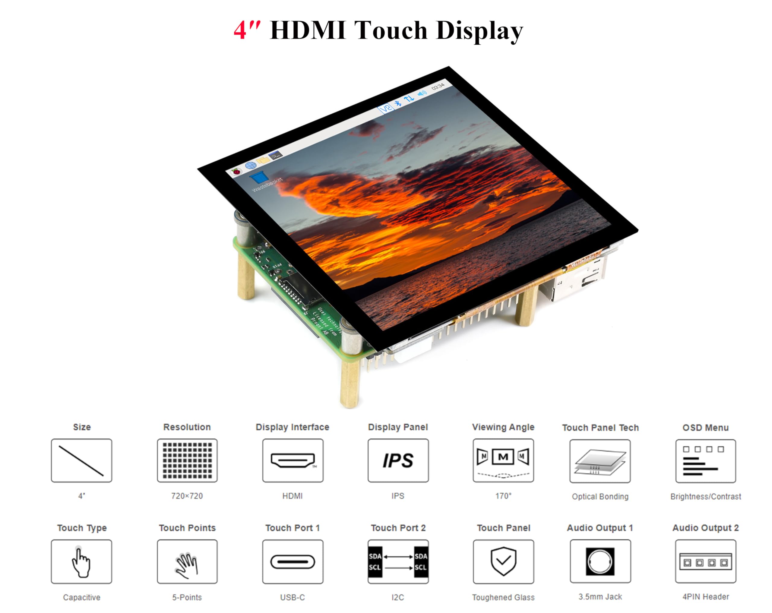 Pantalla táctil capacitiva cuadrada HDMI LCD de 4 pulgadas compatible con Raspberry Pi 5/4B/3B+/3B/2B/Zero/Zero W/Zero 2W/Jetson Nano/Windows 11/10/8.1/8/7, resolución 720x720, pantalla IPS, puerto