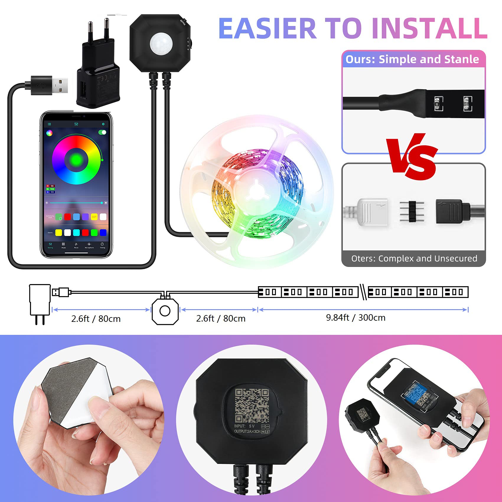 Bande LED Avec Détecteur De Mouvement - 3 Modes (Mouvement, Nuit, Continu) - Contrôle Par Appli, Télécommande - Pour Escaliers, Chambres - Alimentation USB 5V