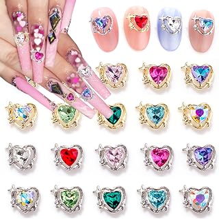 20Pcs 3D Heart Nail Art Charms for Nails Valentine's Day Nail Charms Shiny Gold Silver Nail Rhinestone Heart Shape Nail Gems Colorful Diamonds Design Acrylic Nail Jewelry for Women DIY Nail Decoration