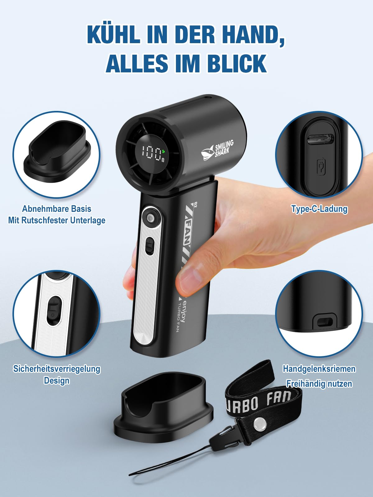 Smiling Shark TF-02 Tragbarer Turbo Handventilator, 1-100 Stufen Einstellbare Tragbarer Mini Handventilator [12Hrs Max] mit LED Anzeige/Lanyard/Basis, 2-in-1 Hand/Tischventilator für Outdoor Indoor