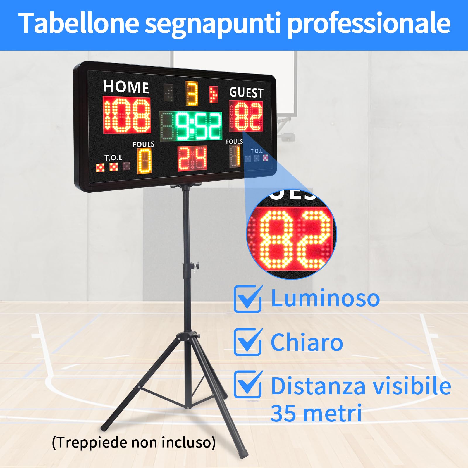 Tabellone segnapunti elettronico di Grandi Dimensioni Telecomando, tabellone segnapunti Digitale da Parete e Timer, cronometro per tiri da Basket 14/24 Secondi e Tempo Personalizzato