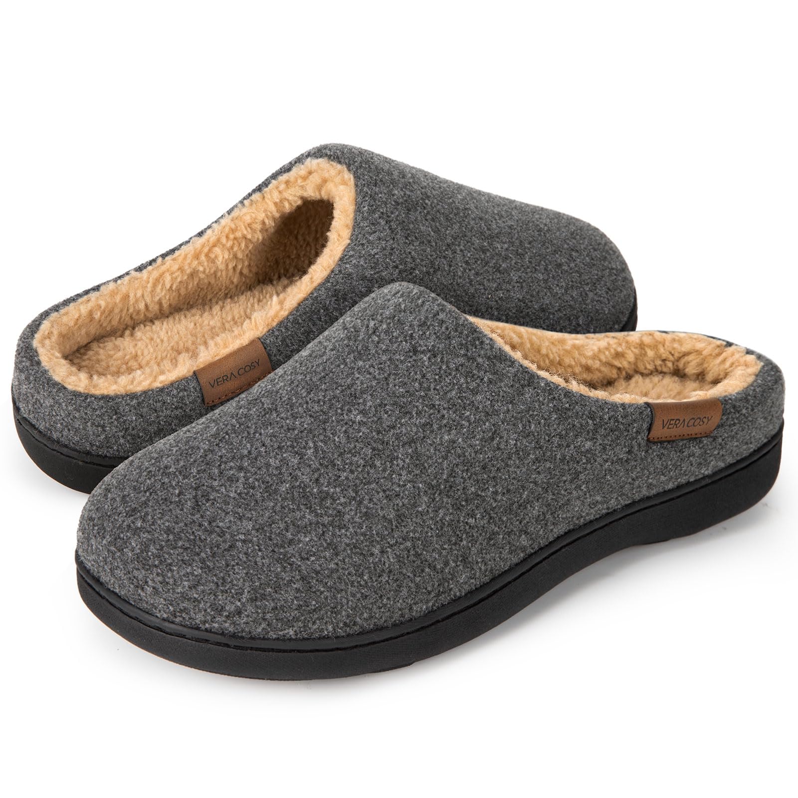 VeraCosy Men's Fuzzy Faux Sherpa Lined Memory Foam Slippers, Slip on Warm House Shoes