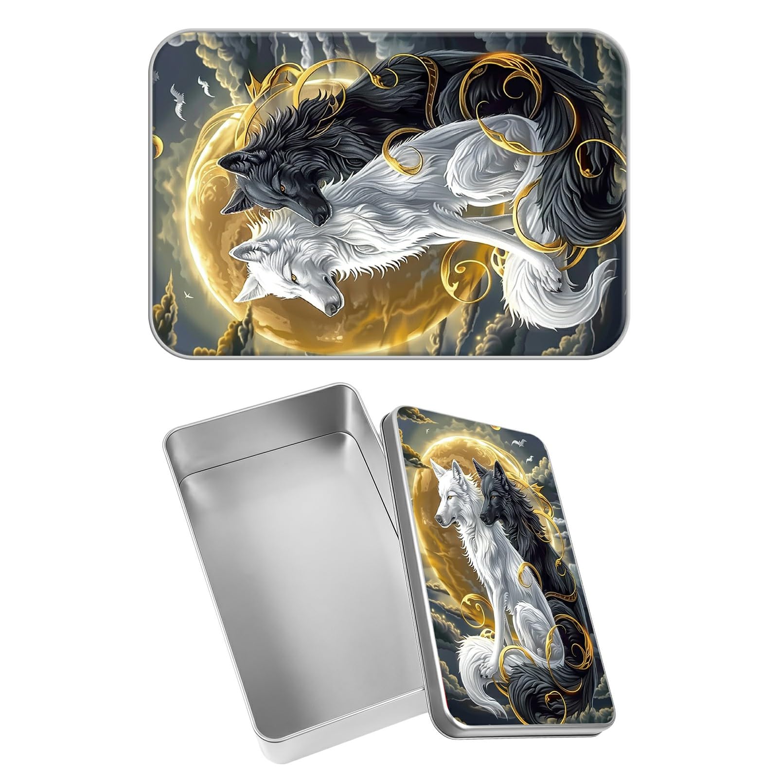 Rectangular Metal Tin Box with Removable Lid, Night Wolf Decorative Printed Metal Storage Container for Sweets Jewelry Tea Candies Cakes 7 x 4.33 x 2.17 inch– Single Pack