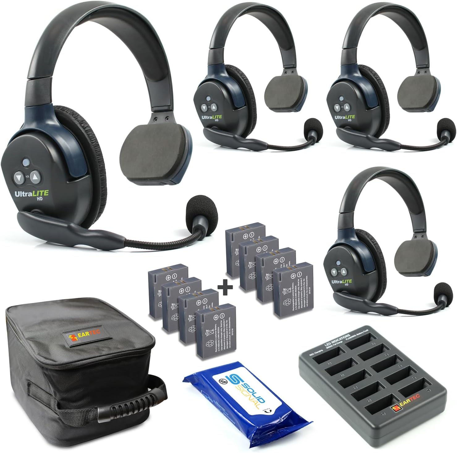 Eartec UL4S Ultralite Full Duplex Wireless Headset Communication for 4 Users - 4 Single Ear Headsets with Four (4) Additional Batteries and SolidSignal Cleaning Wipes Bundle