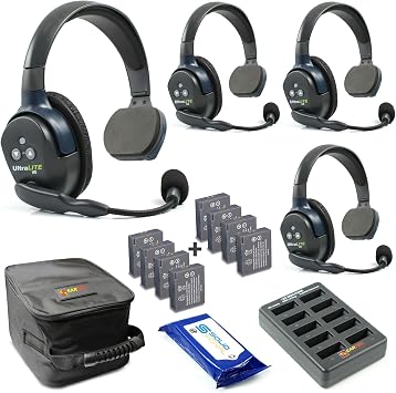 Eartec UL4S Ultralite Full Duplex Wireless Headset Communication for 4 Users - 4 Single Ear Headsets with Four 4 Additional Batteries and SolidSignal Cleaning Wipes Bundle