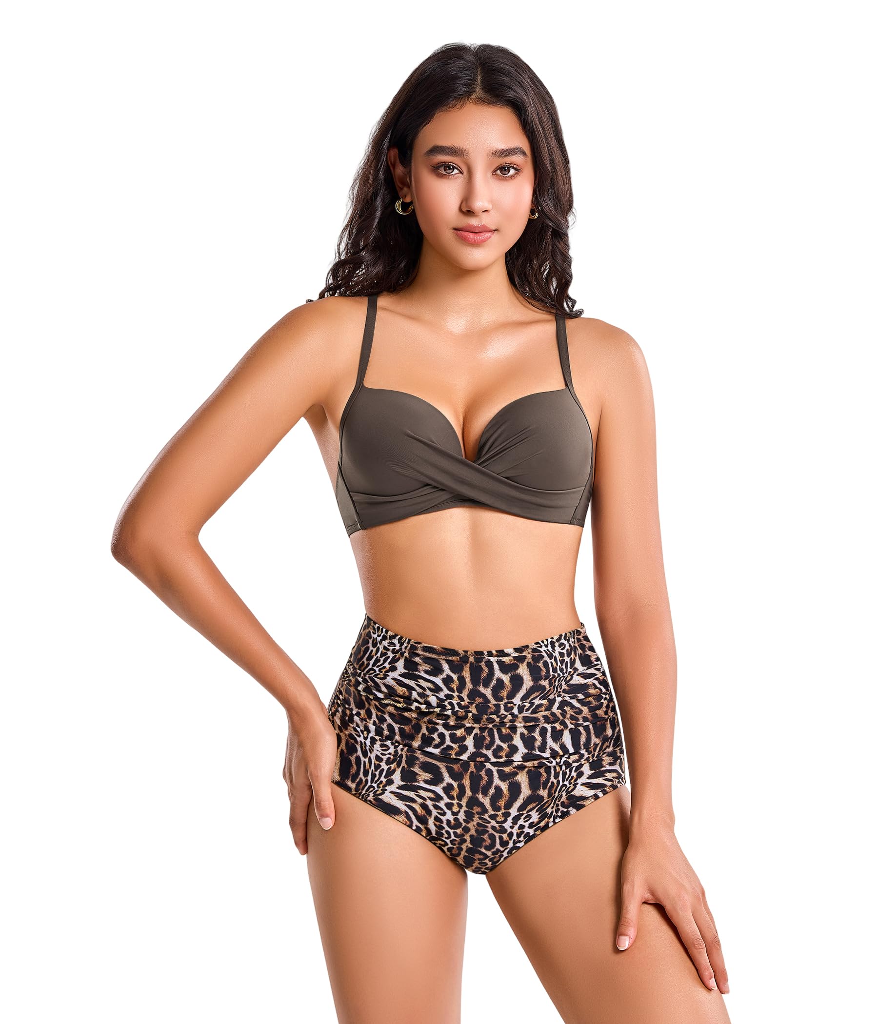 POWER FLOWER Damski zestaw bikini z wysokim stanem kontrola brzucha push-up dwuczęściowy strój kąpielowy z lampartem