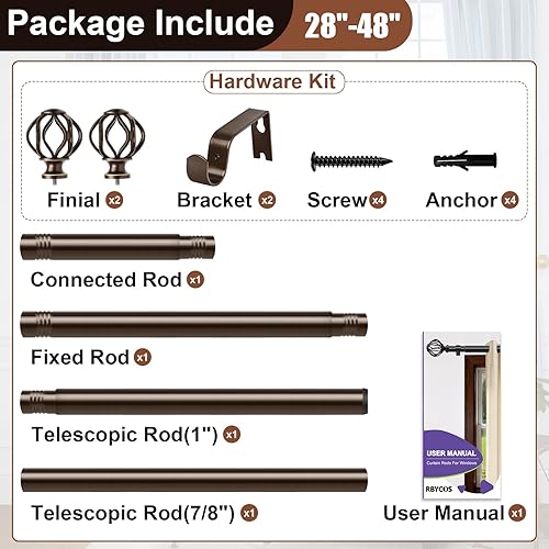 Miniatura 9 de Bronze Curtain Rods for Windows 28-48Inch(2.3-4ft), Heavy Duty 1 Inch Adjustable Curtain Rod, Decorative Window Rods for Small Windows, Bedroom,