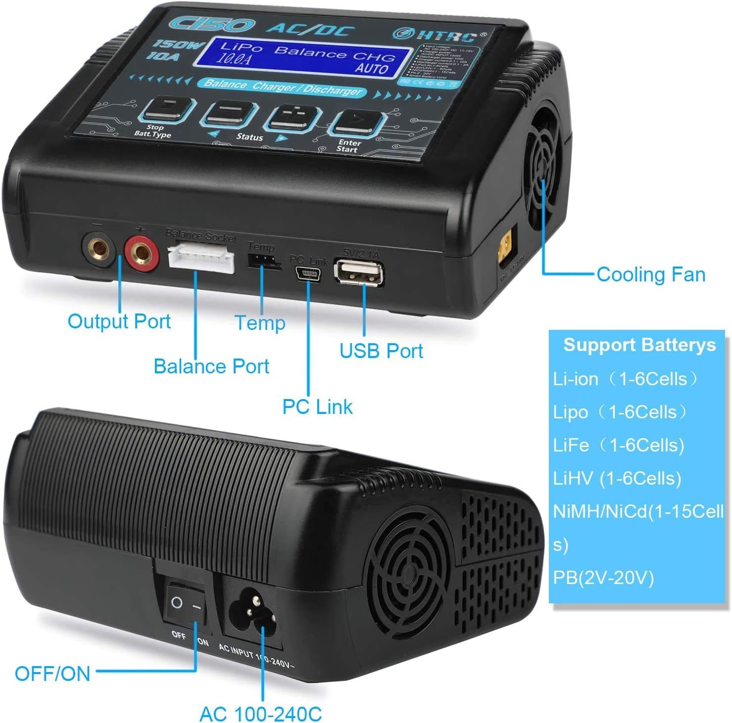 LiPo Charger,150W 10A AC/DC for Battery Balance Charger Discharger Li-ion/Life/NiCd/NiMH/LiHV/PB/Smart Battery(Battery Charger Adapter) - Image 3