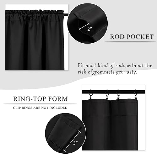 Miniatura 4 de MUMFAS Cortinas negras de 24 pulgadas de largo, juego de 2 paneles opacos, cenefa pequeña, cortinas cortas con bolsillo para barra para cocina,