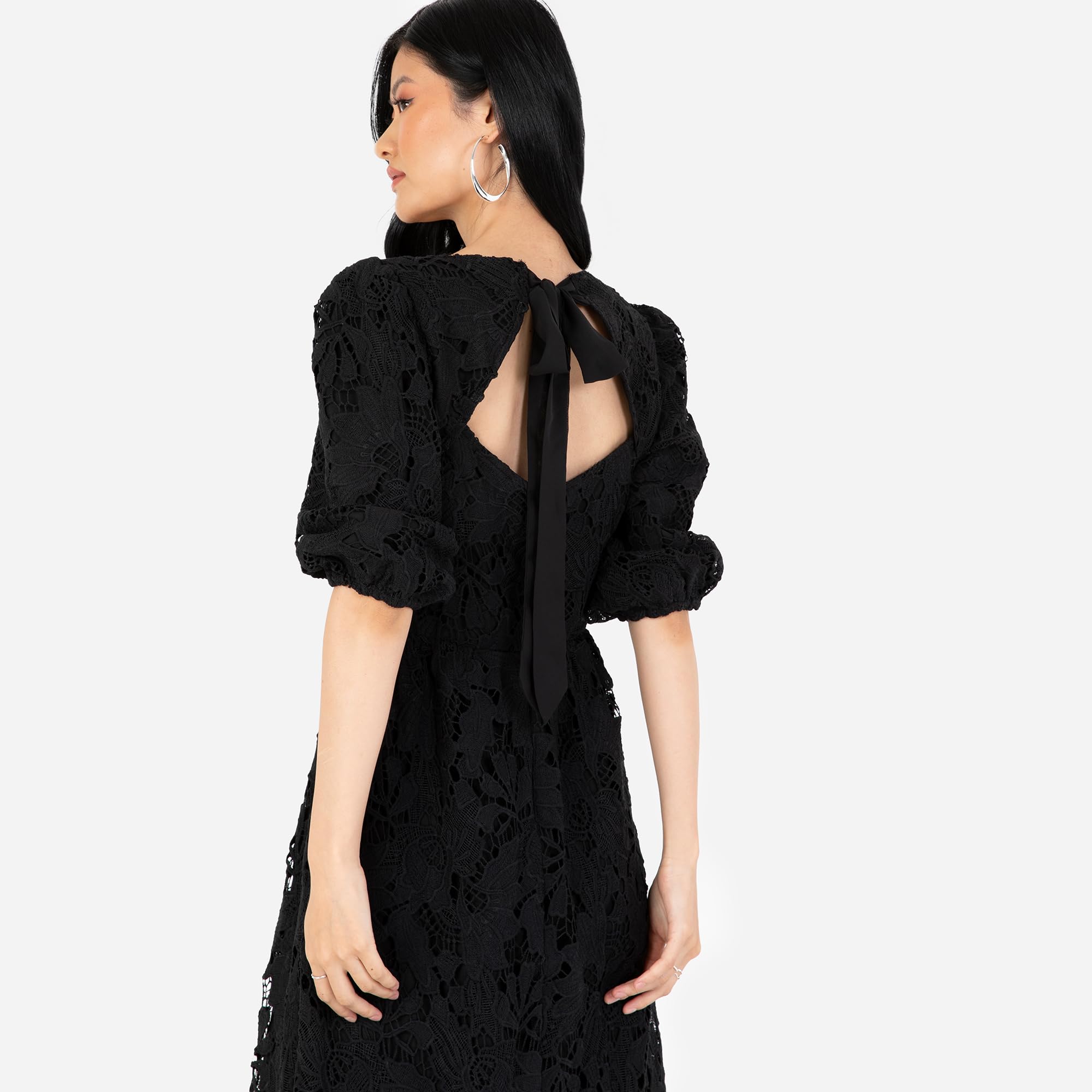 Maya Deluxe Women's Midaxi Dress V Neckline Puff Sleeve Lace A-Line For Wedding Guest Bridesmaid Cocktail Prom Evening Occasion Vestido Mujer
