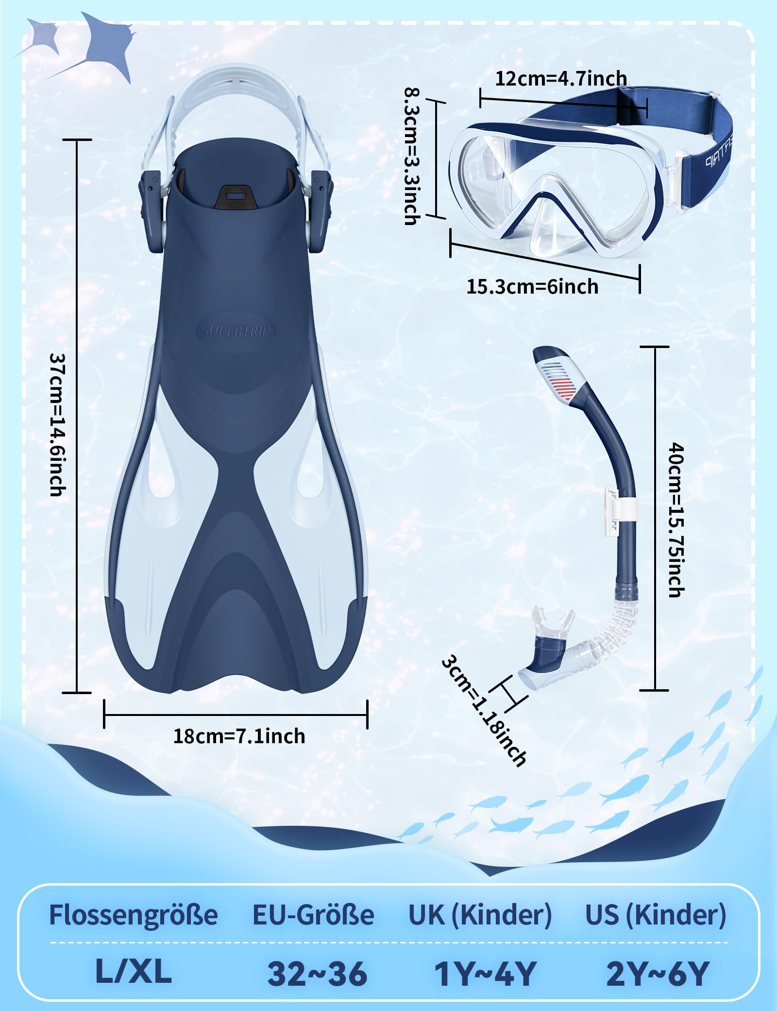Supertrip Set per Snorkeling per Bambini con Pinne, Maschera Subacquea Panoramica a 180°, Pinne Regolabili e Boccaglio Dry Premium，Set da Snorkeling 4 in 1 per Bambini dai 6 ai 14 Anni