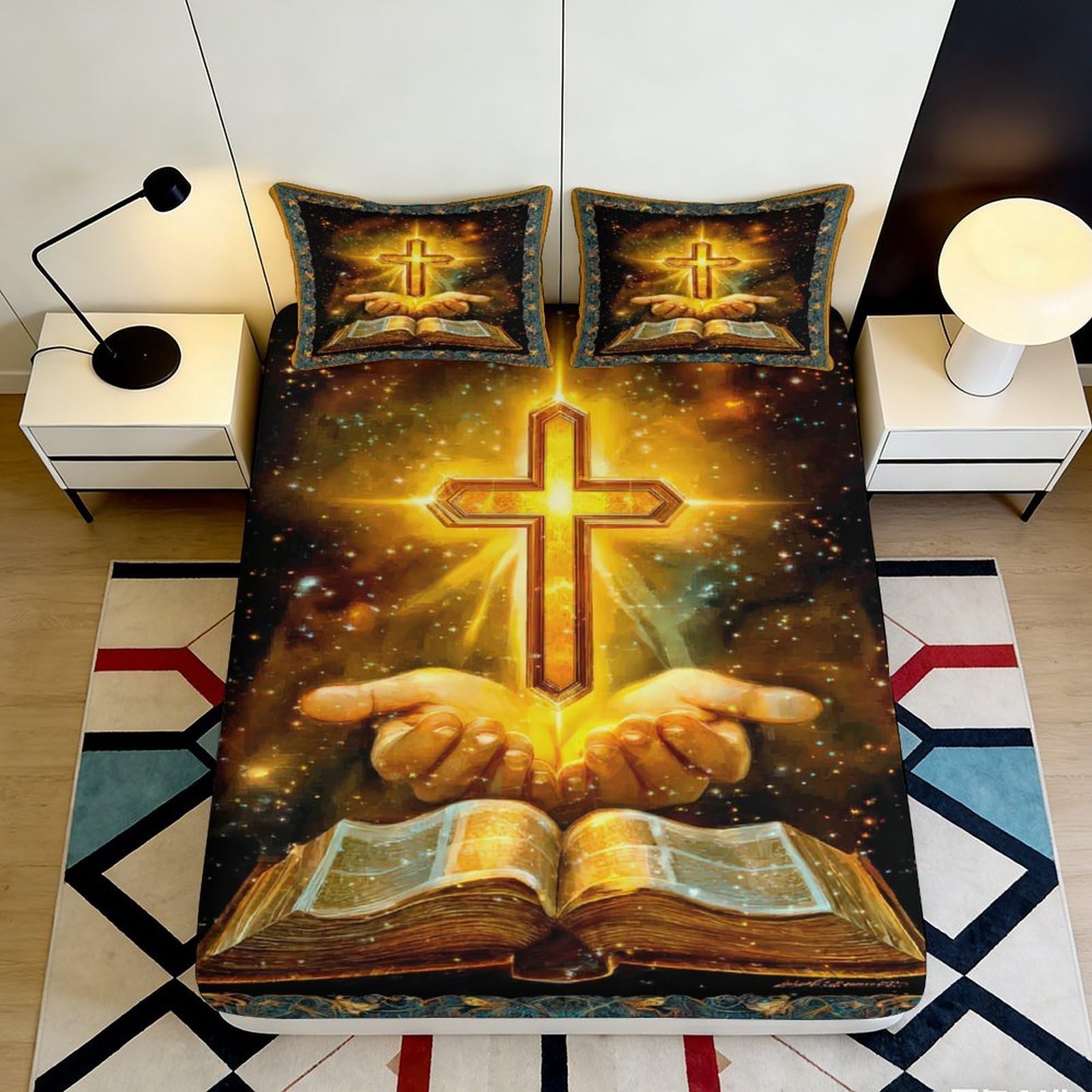 3D Printed Christian Cross Fitted Sheet Microfiber Soft Breathable Bible Hands Bed Cover for Bedroom Dormitory Guest Room Anti-Dust Mattress Protection 160x200x25cm