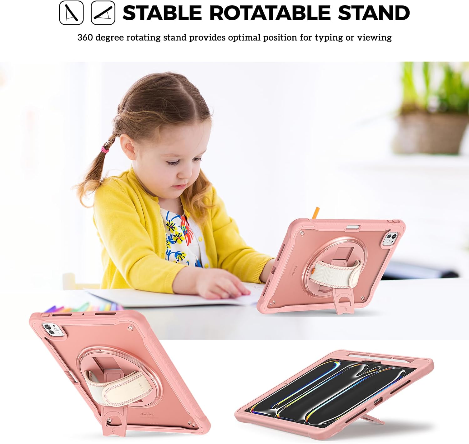 ProCase Rugged Case for iPad Pro 11 inch 2025 (M5) / 2024 (M4) with Pencil Hold, Heavy Duty Shockproof Rugged Cover with Hand Strap 360 Degree Rotatable Kickstand Protective for iPad Pro 11" -Pink