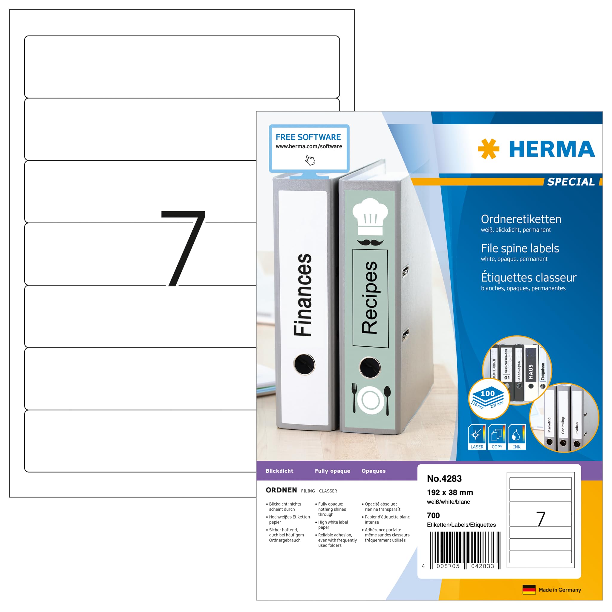 HERMA Self Adhesive Spine Labels, 7 Labels per A4 Sheet, 100 Sheets, 192 x 38 mm, 700 Labels, Blank Lever Arch File Folder Labels Stickers, Sticky Labels for Laser & Inkjet Printer, White